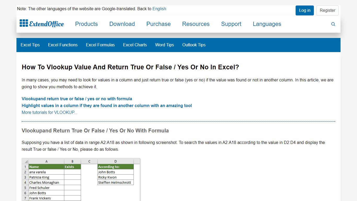 How to vlookup value and return true or false / yes or ... - ExtendOffice